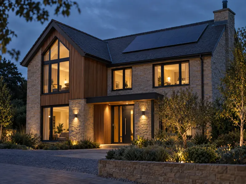 Illustrative architectural concept of a modern home with solar panels and warm exterior lighting
